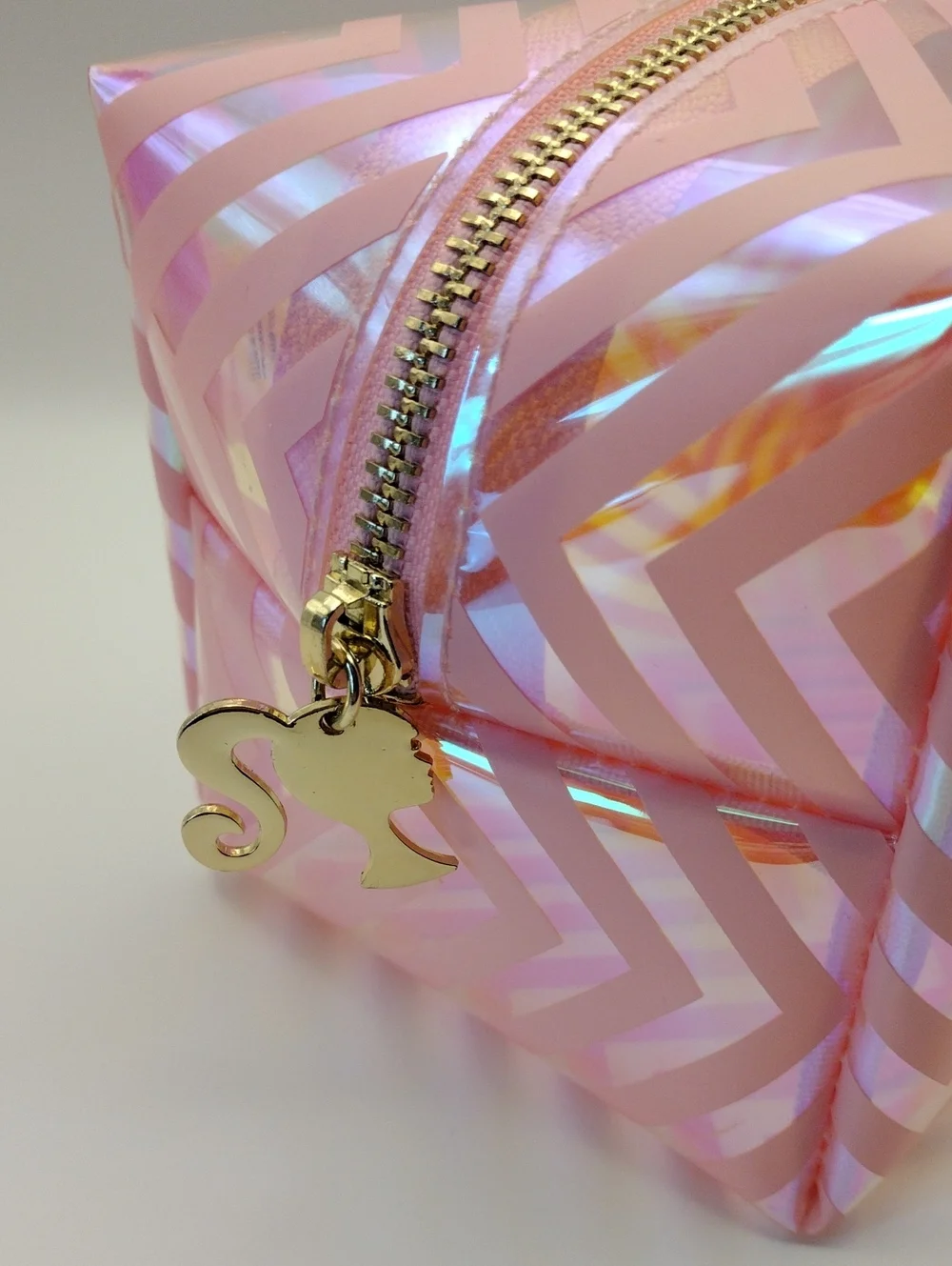 Skinnydip x Barbie Iridescent Pink Chevron Cosmetic Bag